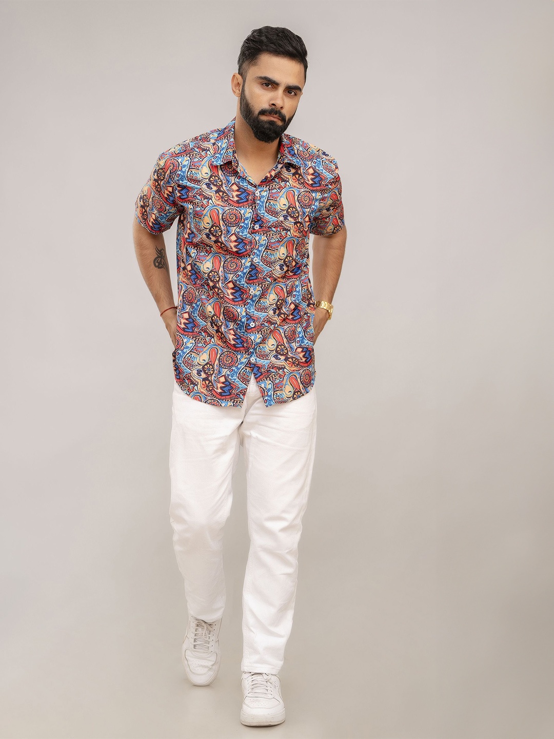 

Shedika Men Custom Spread Collar Abstract Printed Casual Shirt, Blue