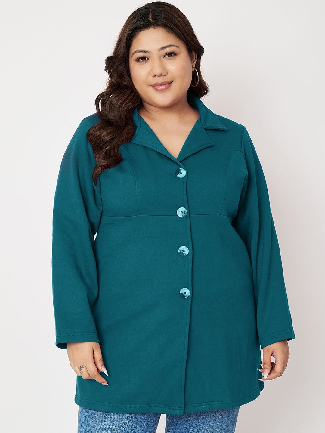 

BRINNS Plus Size Notch Lapel Neck Fleece Single Breasted Long Sleeves Overcoat, Teal