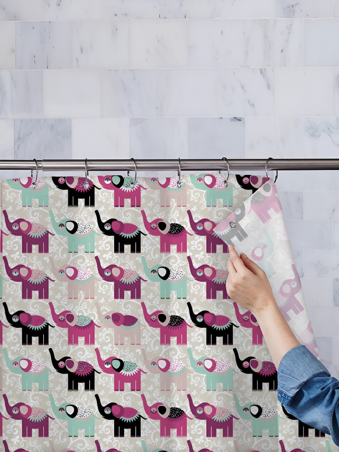 

ArtzFolio White-Pink & Sea Green Printed Waterproof Shower Curtain