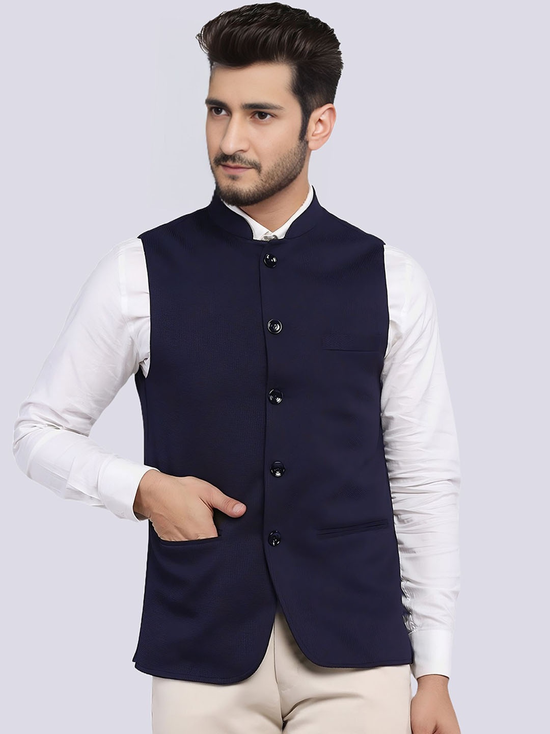 

BAESD Mandarin Collar Satin Nehru Jacket, Navy blue