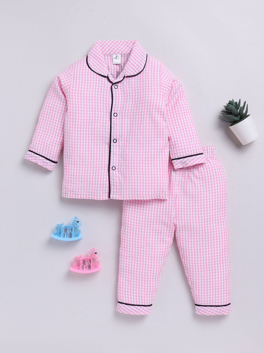 

Clt.s Kids - Unisex Checked Printed Pure Cotton Shirt Collar Night suit, Pink
