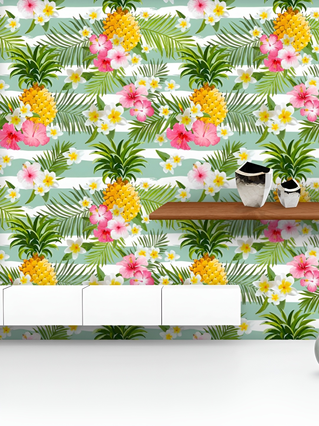 

ArtzFolio Printed UV-Resistant Anti-Bacterial Pineapples Tropical Flowers Peel & Stick Wallpaper, Multi