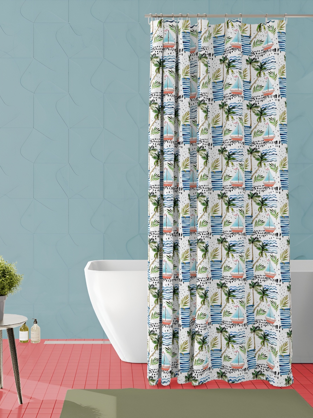 

ArtzFolio White & Blue Tropical Printed Waterproof Shower Curtain
