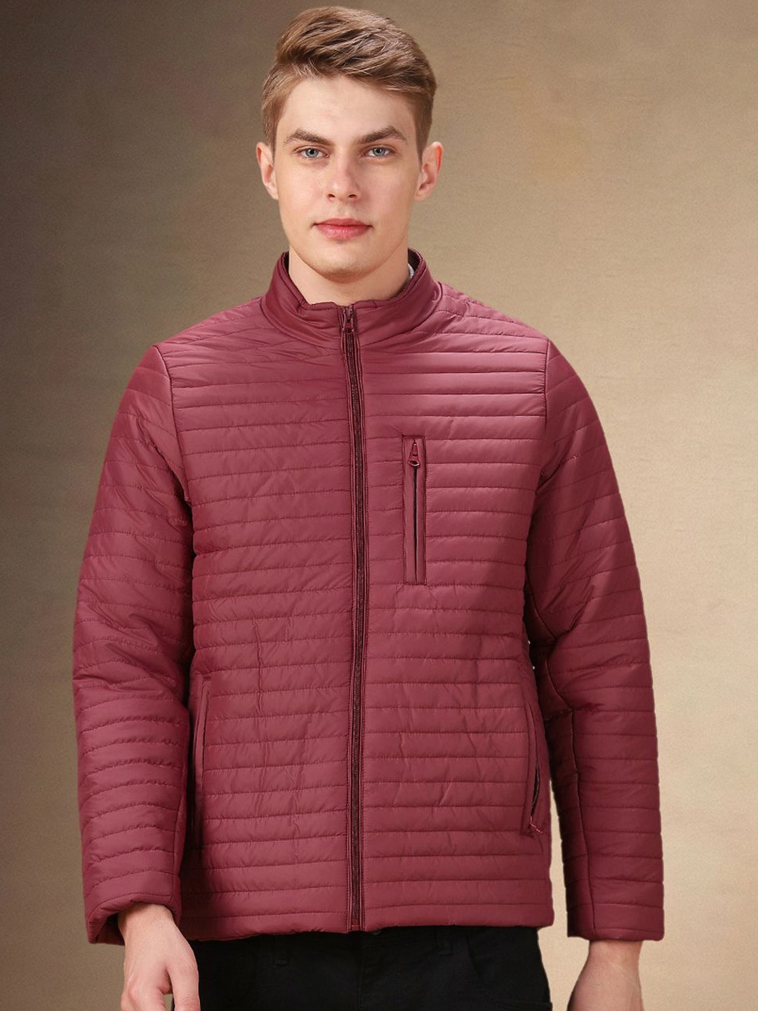 

Dennis Lingo Men Padded Jacket with Patchwork, Maroon