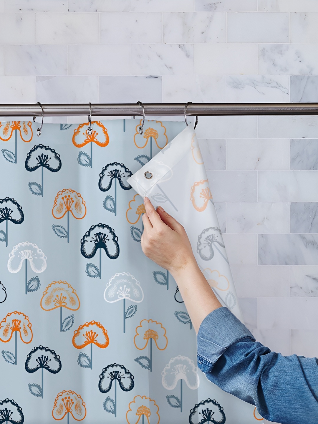 

ArtzFolio Blue & Orange Printed Waterproof Shower Curtain, White