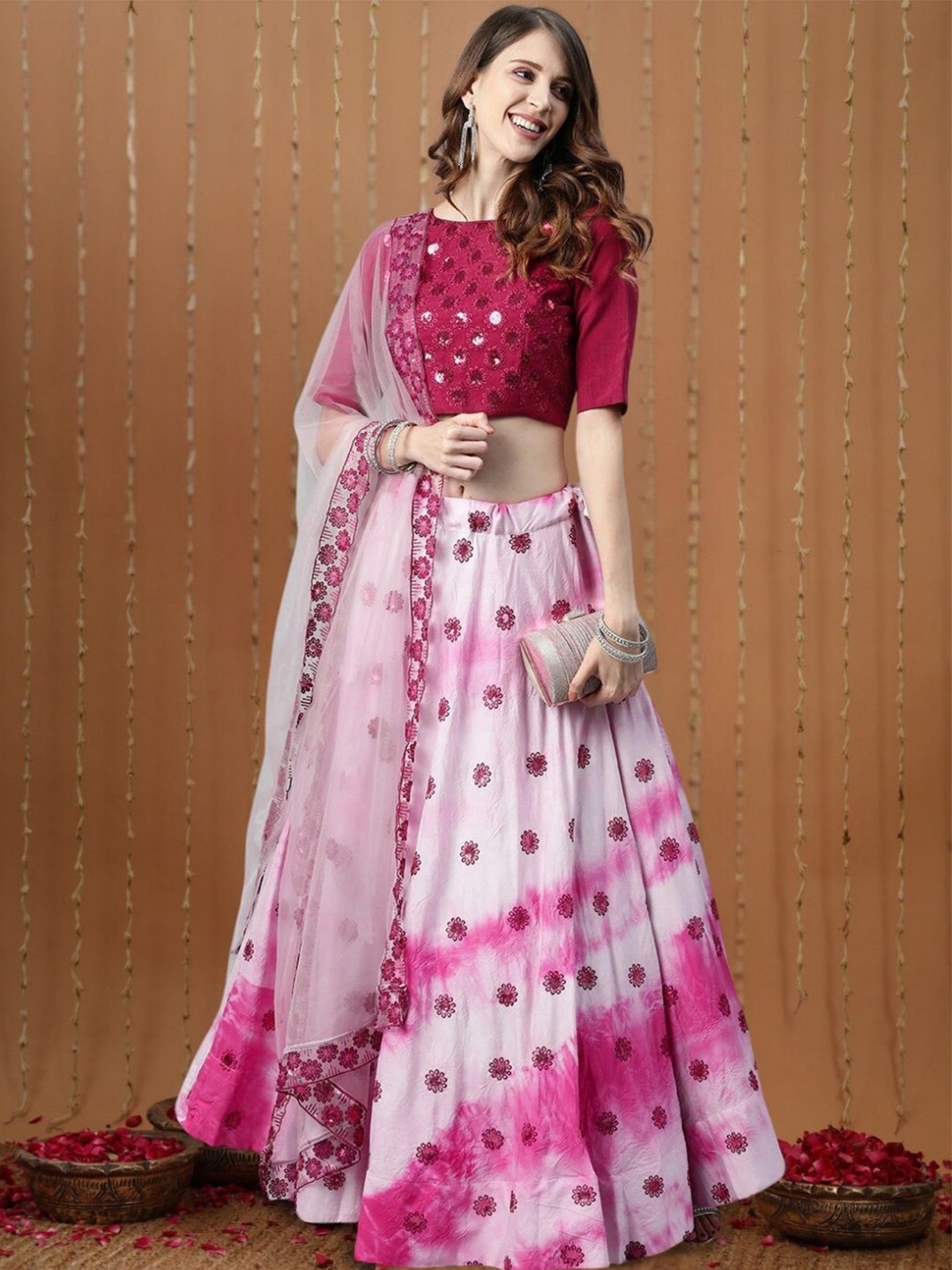 

KAZIA Embellished Sequinned Semi-Stitched Lehenga & Unstitched Blouse With Dupatta, Pink