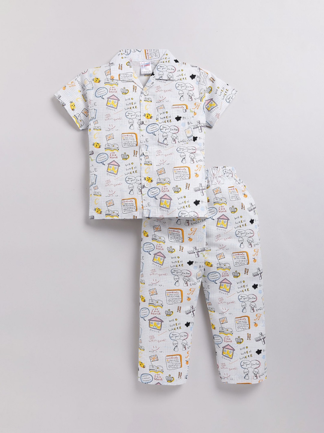 

NAUTI KIDZ Boys Printed Lapel Collar Pure Cotton Night Suit, White