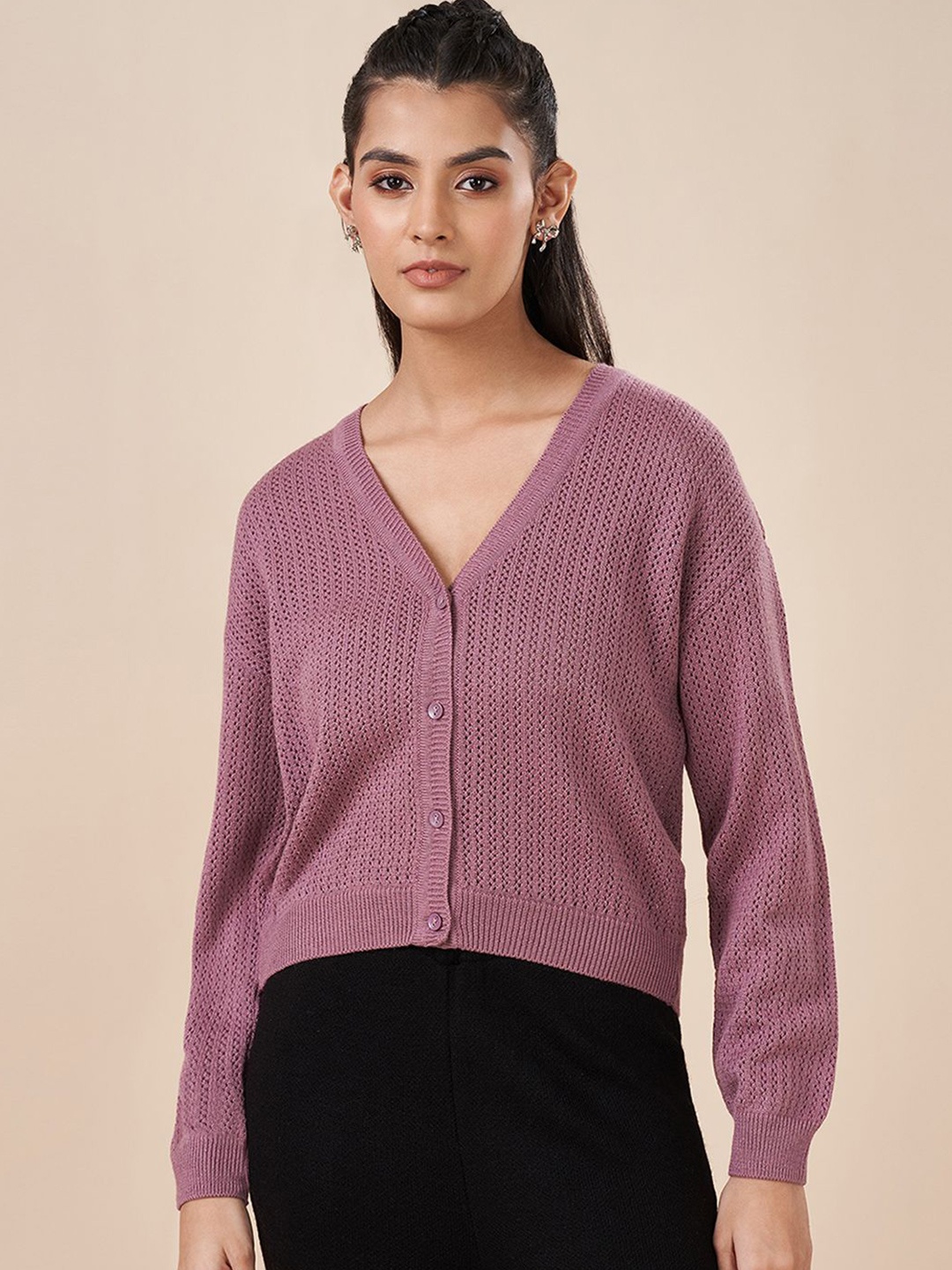 

AKKRITI BY PANTALOONS Women V-Neck Cardigan, Mauve