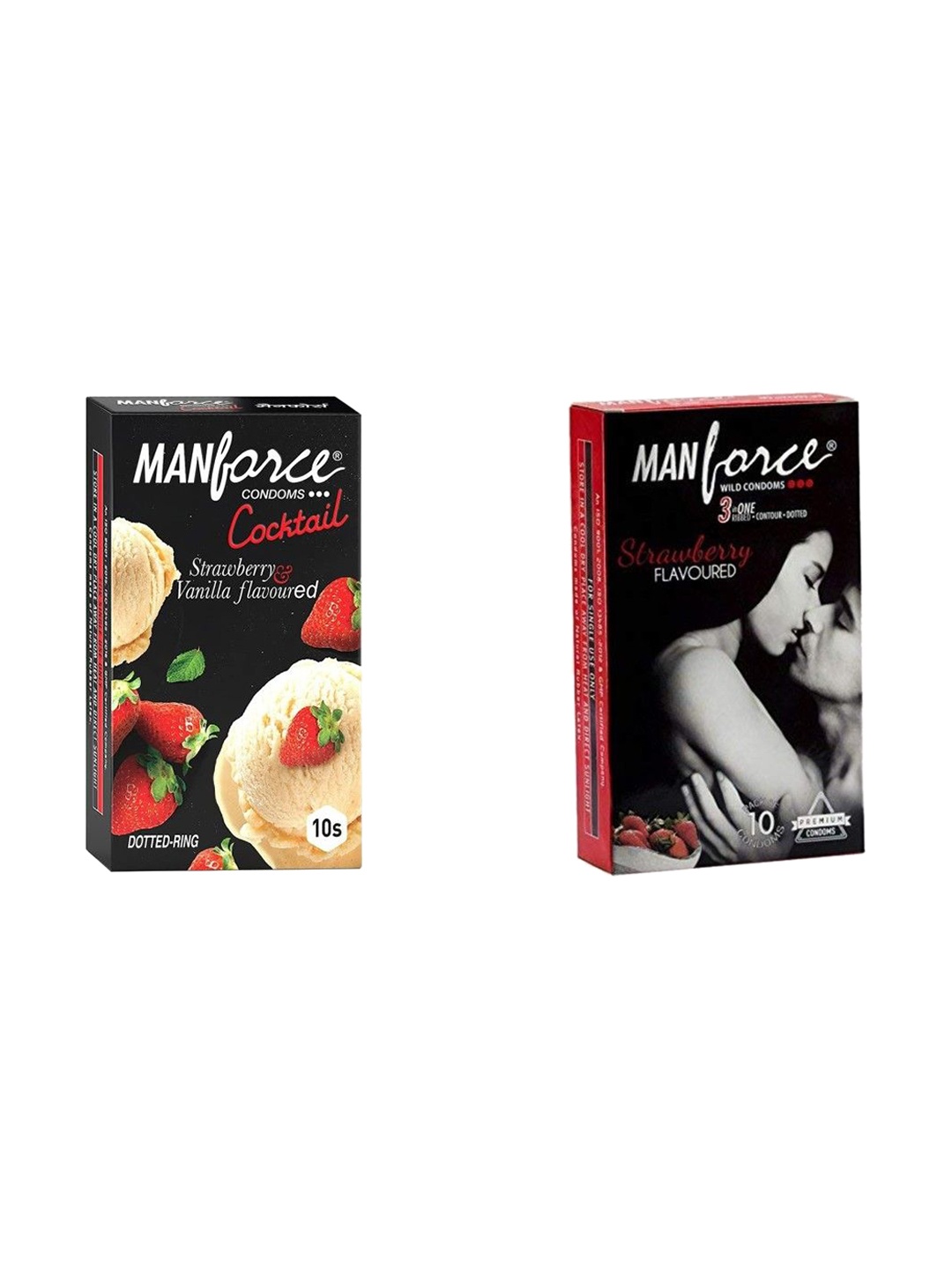 

Manforce Set Of 2 Cocktail Condoms with Dotted-Rings - Strawberry & Vanilla Flavoured, Black