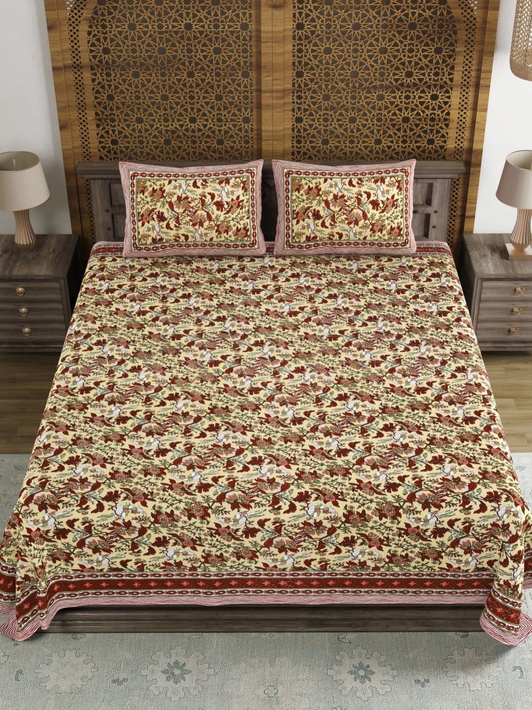 

BLOCKS OF INDIA Brown & Green Ethnic Motifs 120 TC King Bedsheet Set 2.18 m x 2.64 m