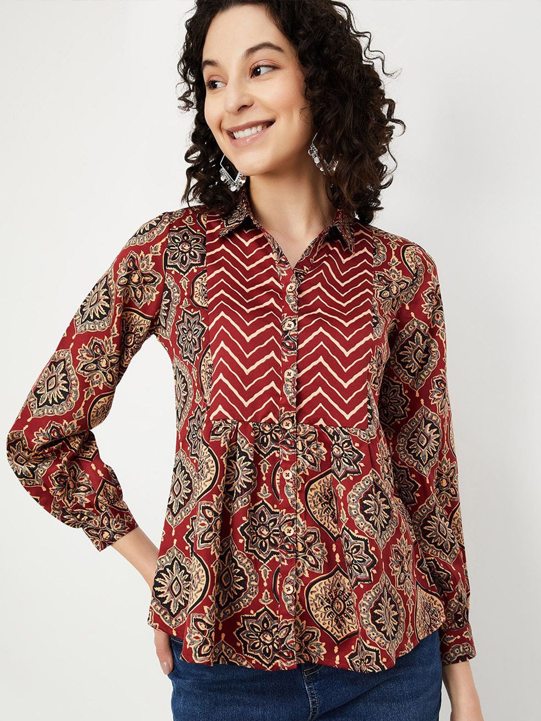 

max Women Shirt Collar Ethnic Printed Cotton Tunic, Red