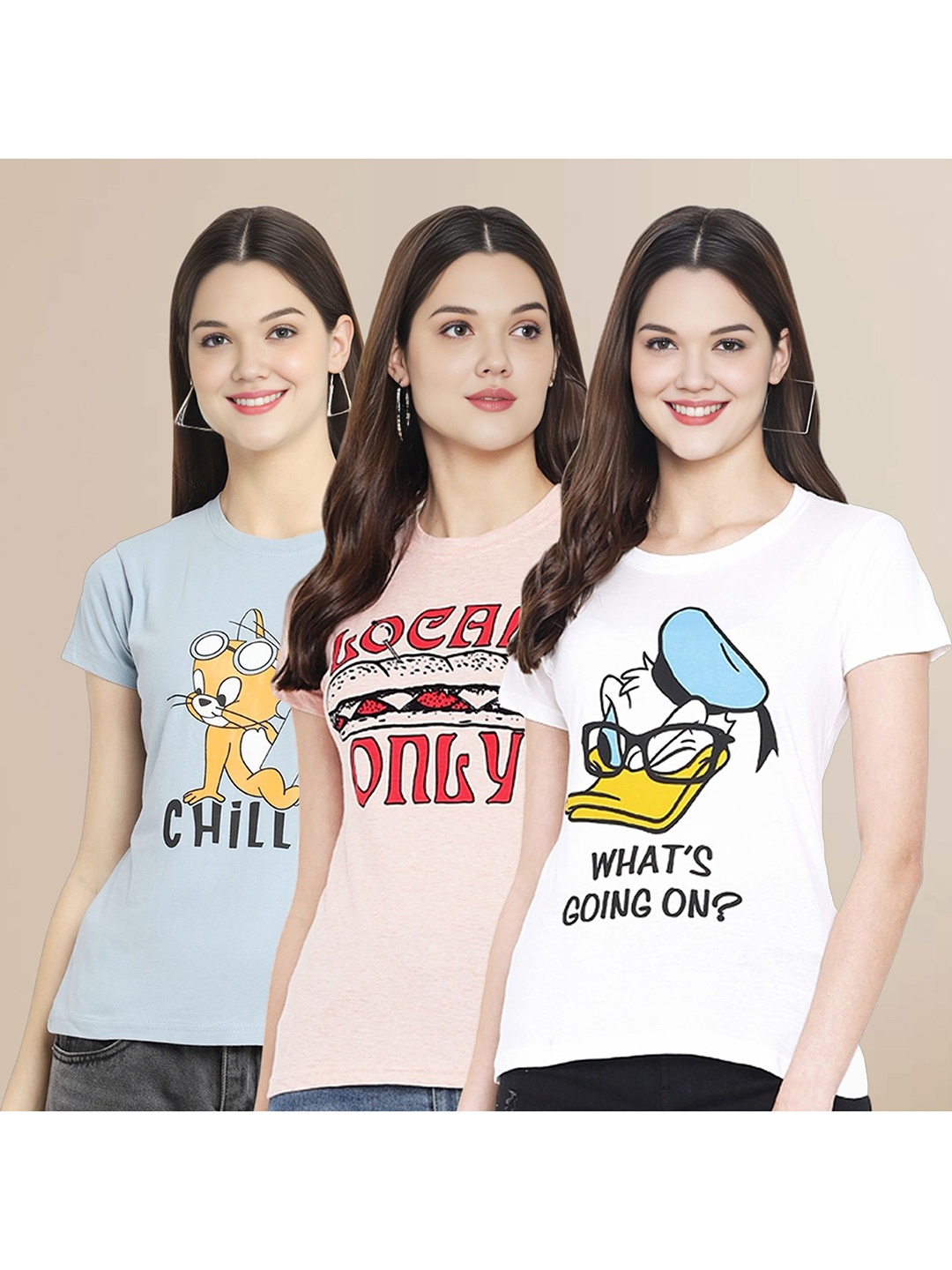 

Metronaut Women Pack Of 3 Graphic Printed Round Neck Cotton Tom & Jerry T-shirts, Blue