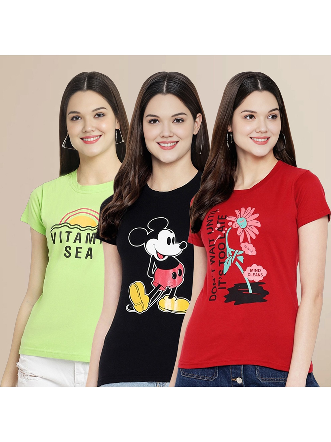 

Metronaut Women Pack Of 3 Graphic Printed Round Neck Cotton Mickey Mouse T-shirts, Green