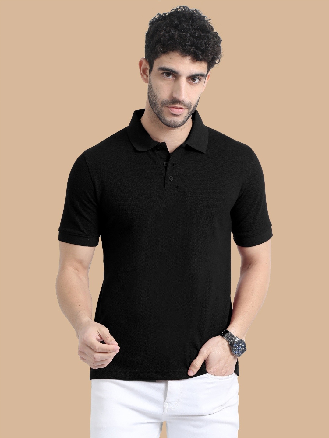 

MIRAAN Men Polo Collar Applique T-shirt, Black