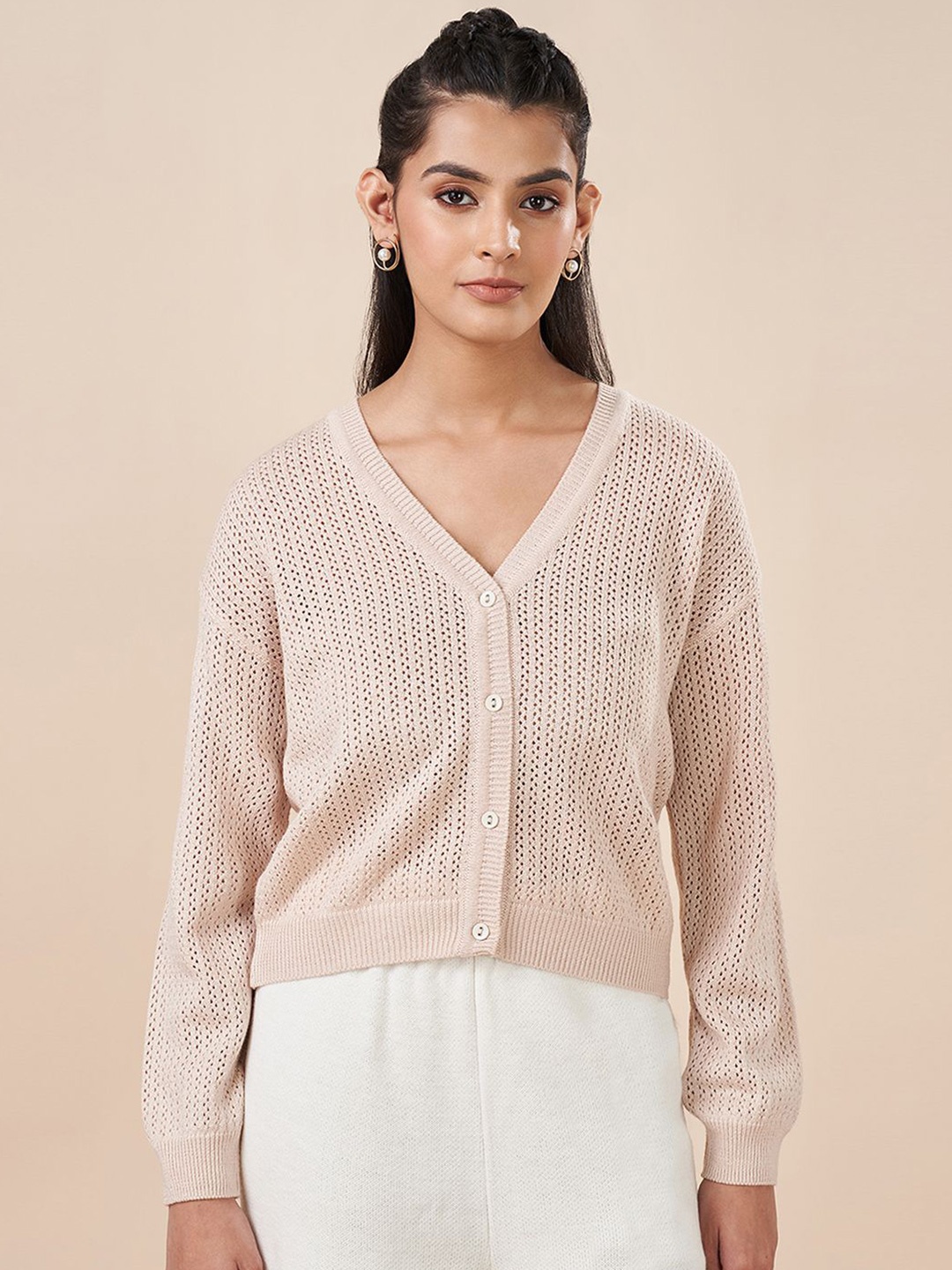 

AKKRITI BY PANTALOONS Women V-Neck Long Sleeves Cardigan, Beige
