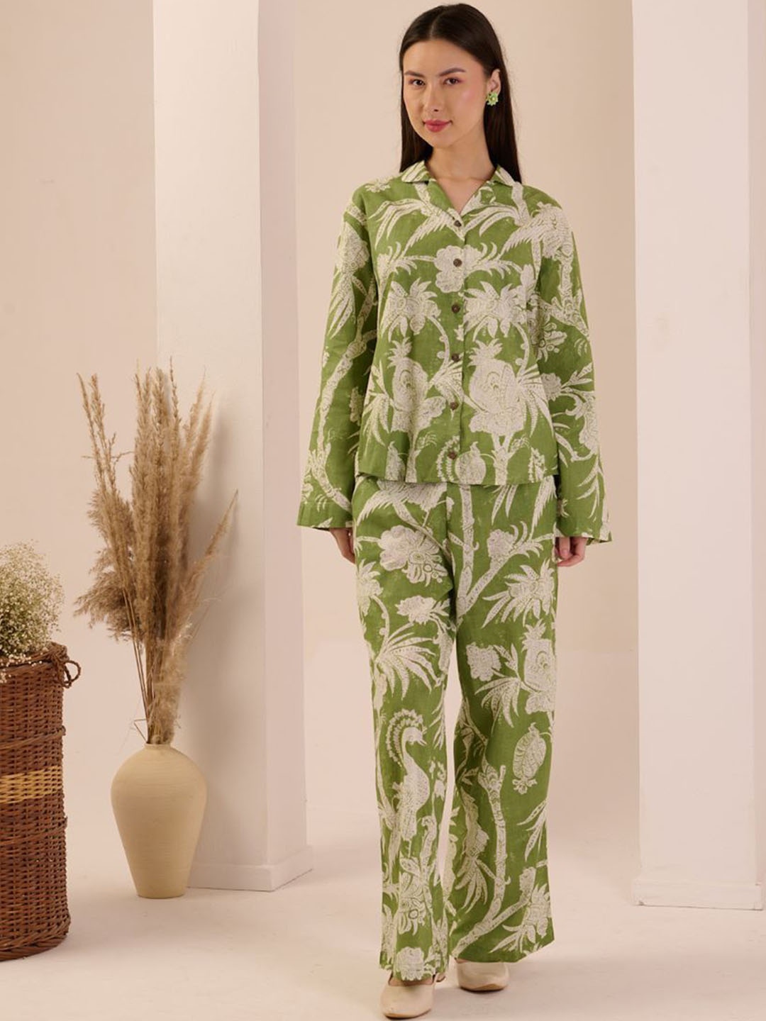 

The Quince Life Printed Pure Cotton Long Sleeves Tunic & Trouser, Green