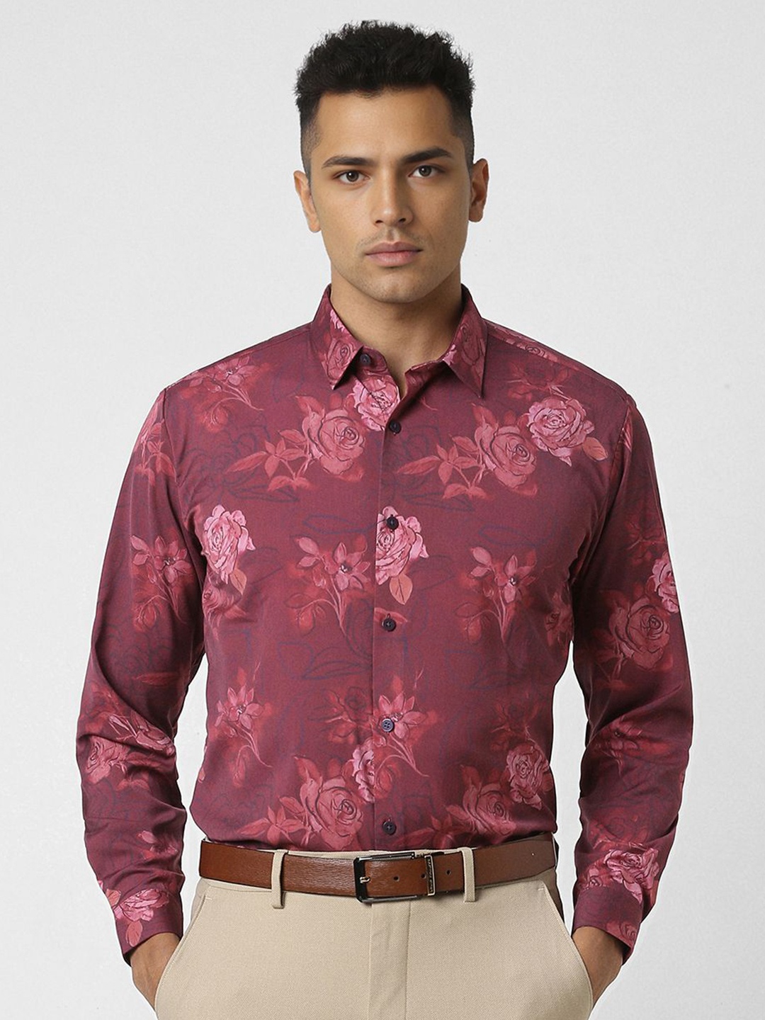 

V Dot Men Spread Collar Floral Printed Slim Fit Formal Shirt, Red