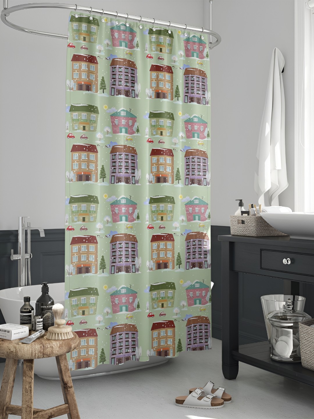 

ArtzFolio Green & Pink Printed Water Proof Shower Curtain