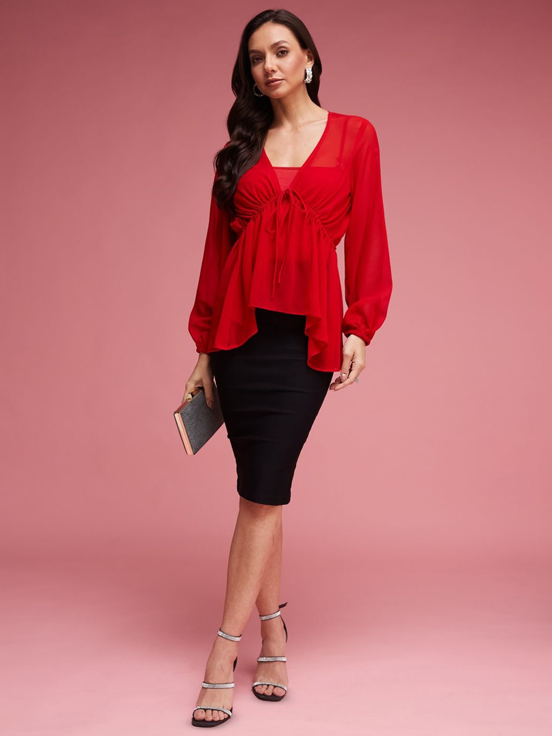 

DEPANO Women Georgette V-Neck Long Sleeves High-Low Top, Red