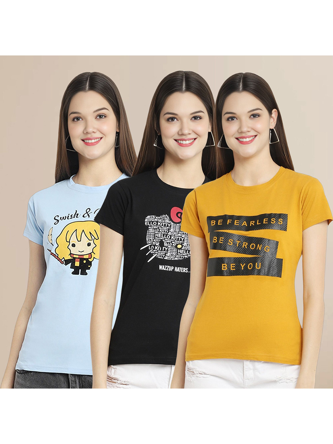

Metronaut Women Pack Of 3 Typography Printed Round Neck Cotton T-shirts, Blue