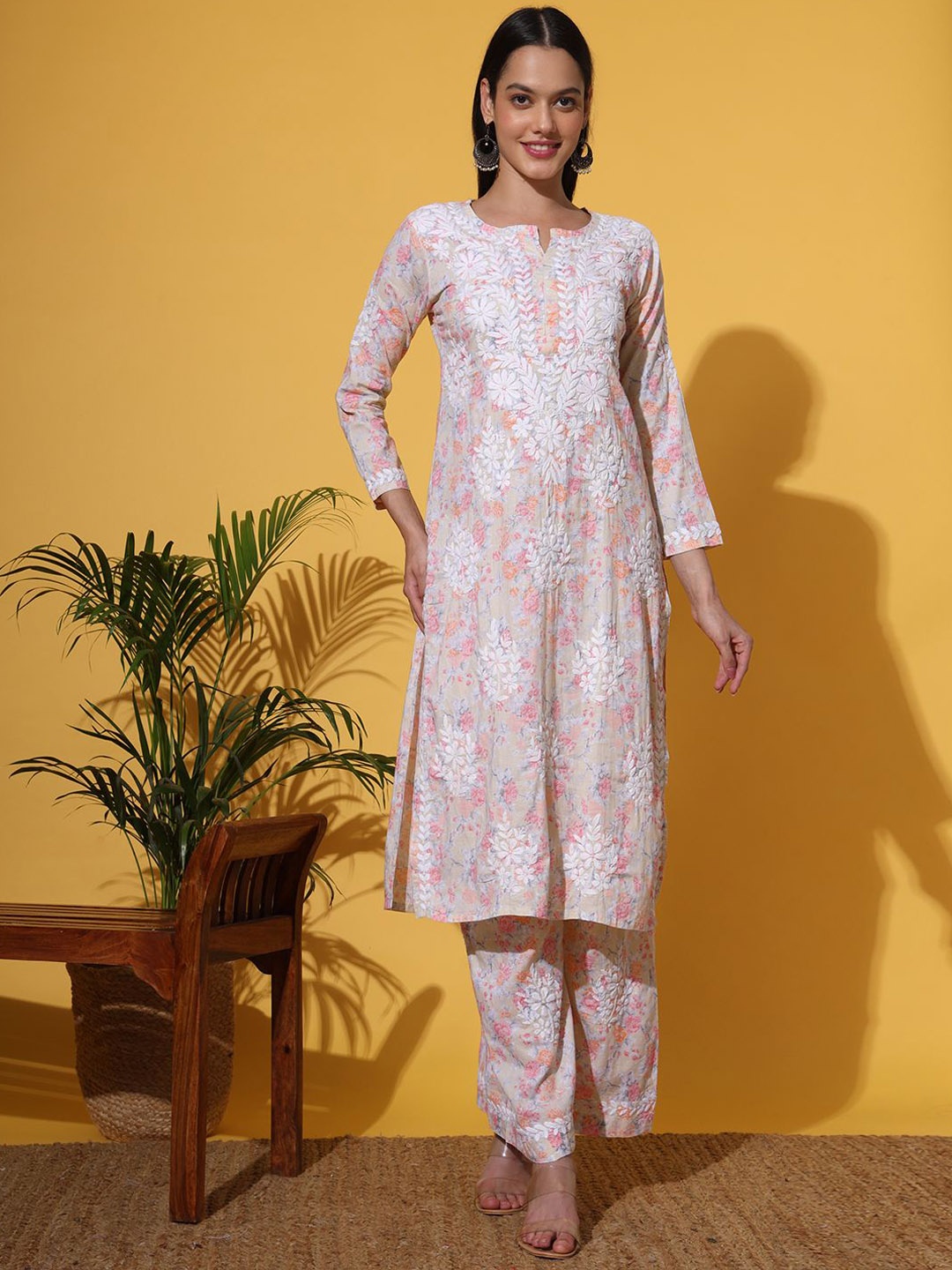 

The Chikan Label Floral Printed & Embroidered Chikankari Straight Kurta with Palazzos, Peach