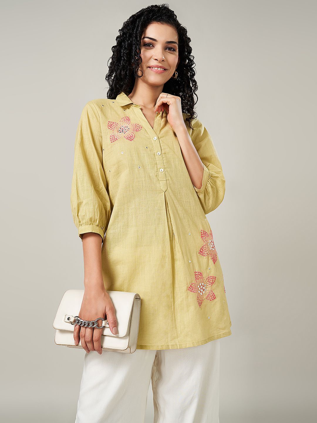 

RANGMANCH BY PANTALOONS Women Embroidered Pure Cotton Shirt Collar Tunic, Yellow
