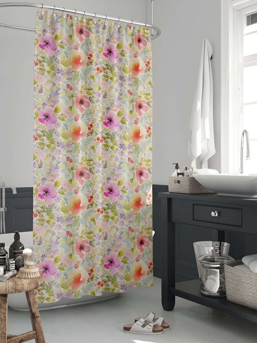 

ArtzFolio Pink & Green Floral Printed Waterproof Shower Curtain