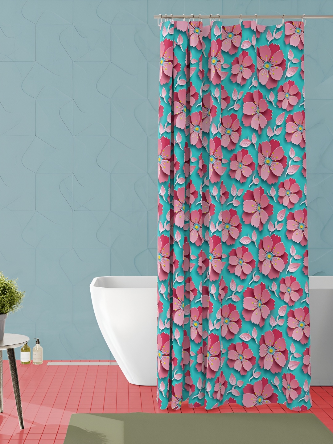 

ArtzFolio Pink & Blue Floral Printed Waterproof Shower Curtain