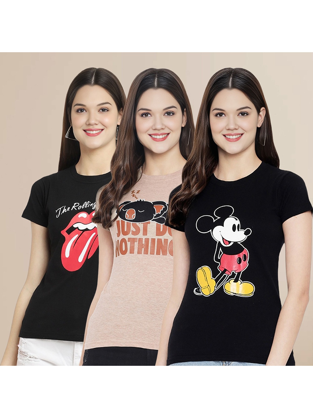 

Metronaut Women Pack Of 3 Graphic Printed Round Neck Cotton Mickey Mouse T-shirts, Olive