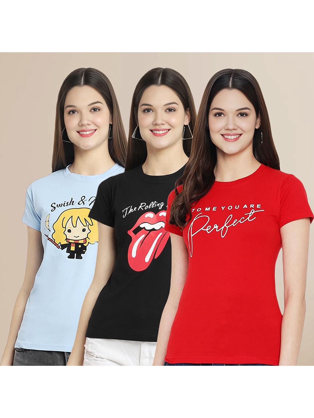 

Metronaut Women Pack Of 3 Typography Printed Round Neck Cotton T-shirts, Blue