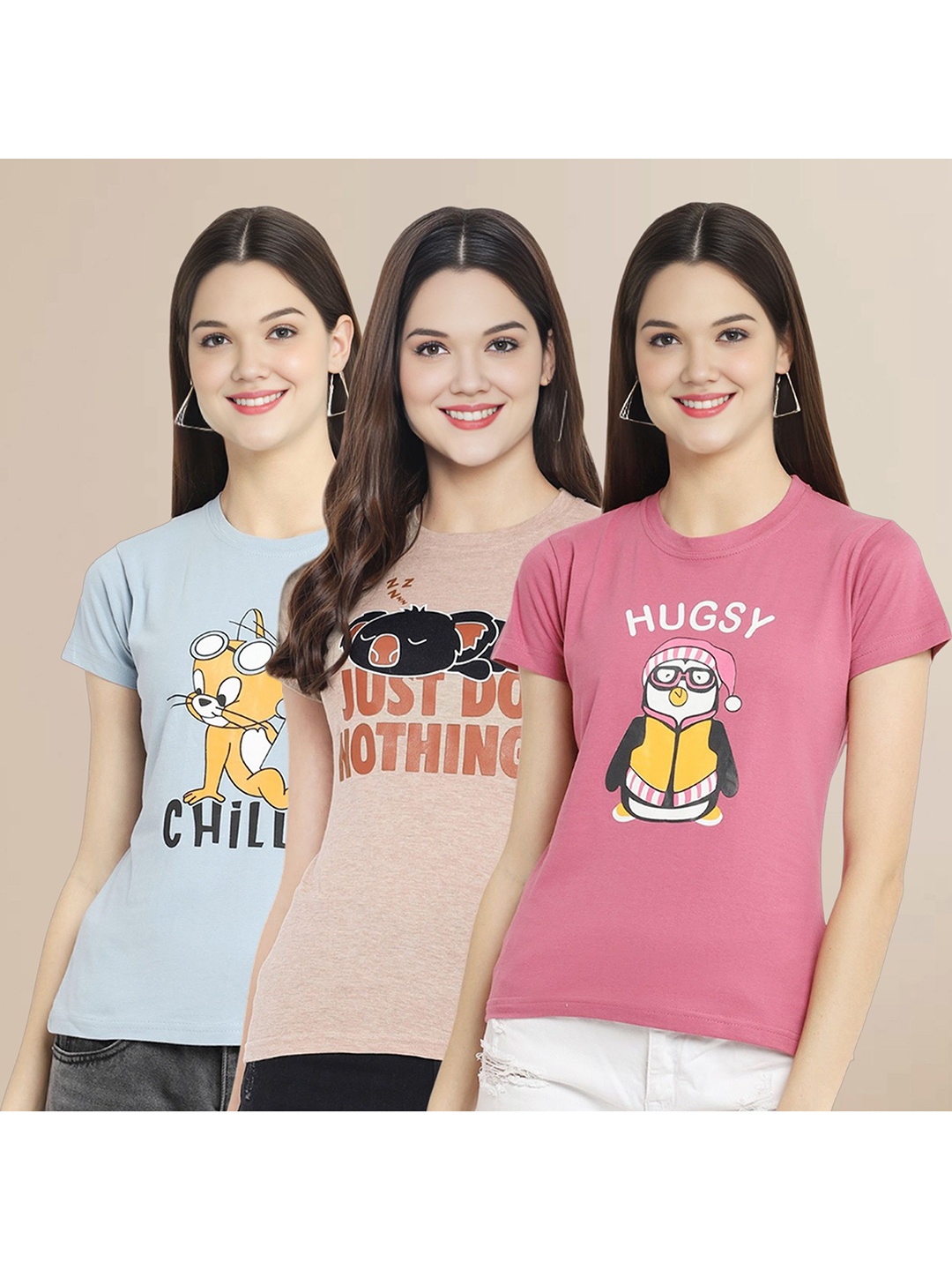 

Metronaut Women Pack Of 3 Graphic Printed Round Neck Cotton Tom & Jerry T-shirts, Blue