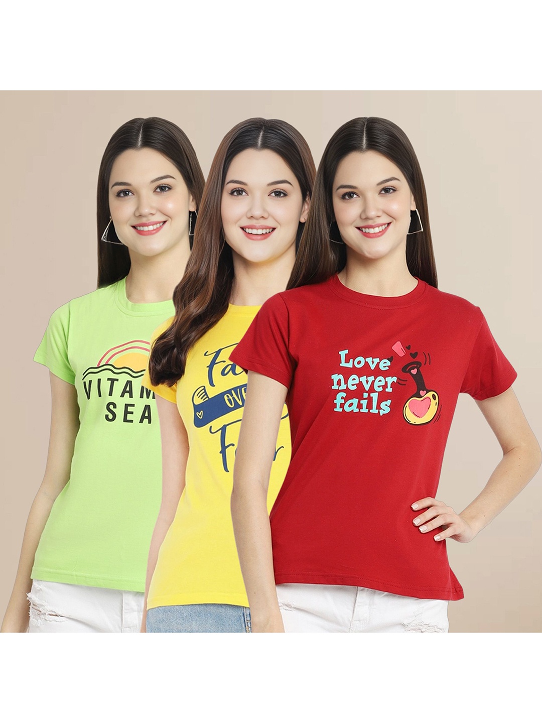 

Metronaut Women Pack Of 3 Typography Printed Round Neck Cotton T-shirts, Green