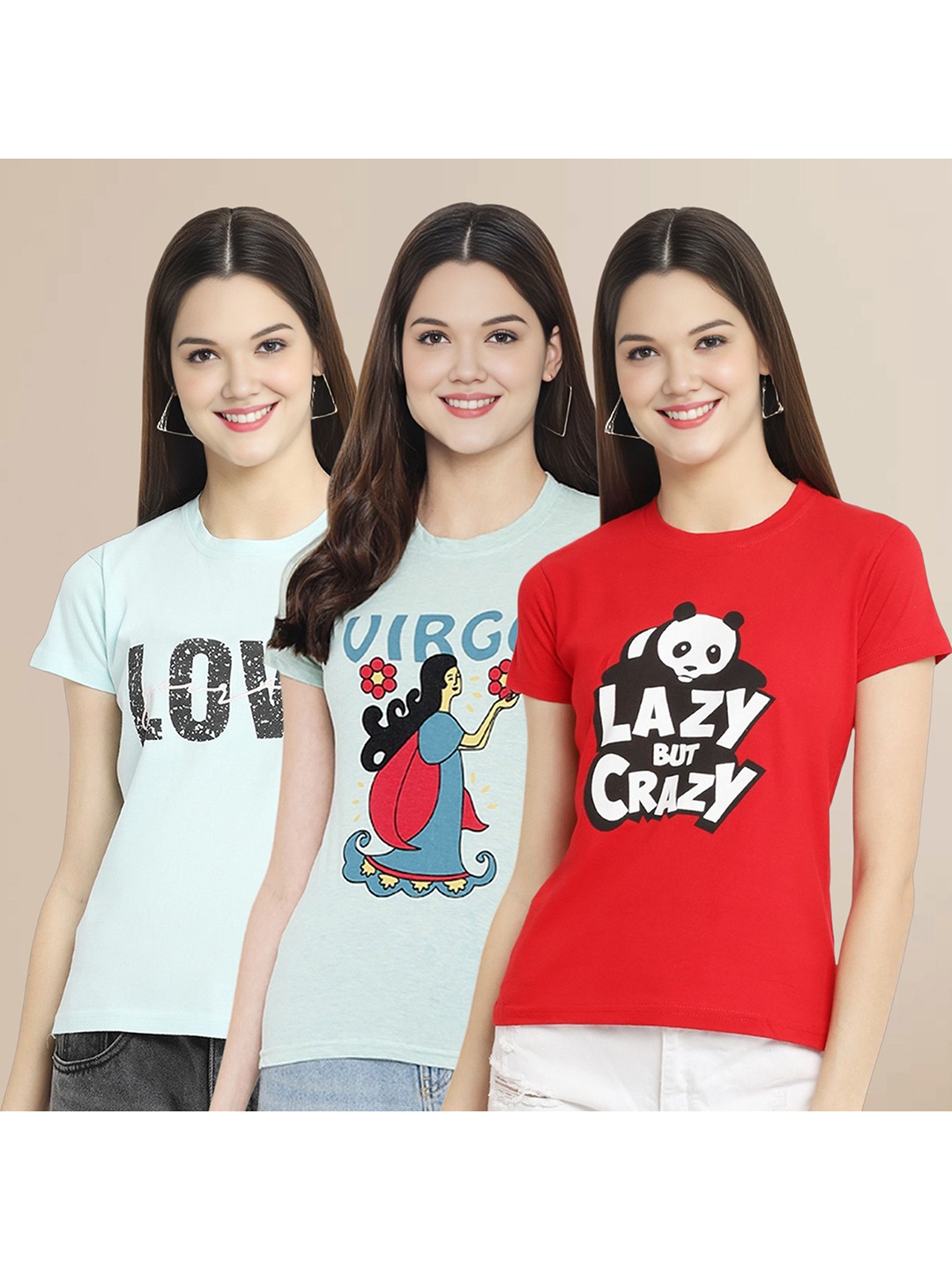 

Metronaut Women Pack Of 3 Typography Printed Round Neck Cotton T-shirts, White