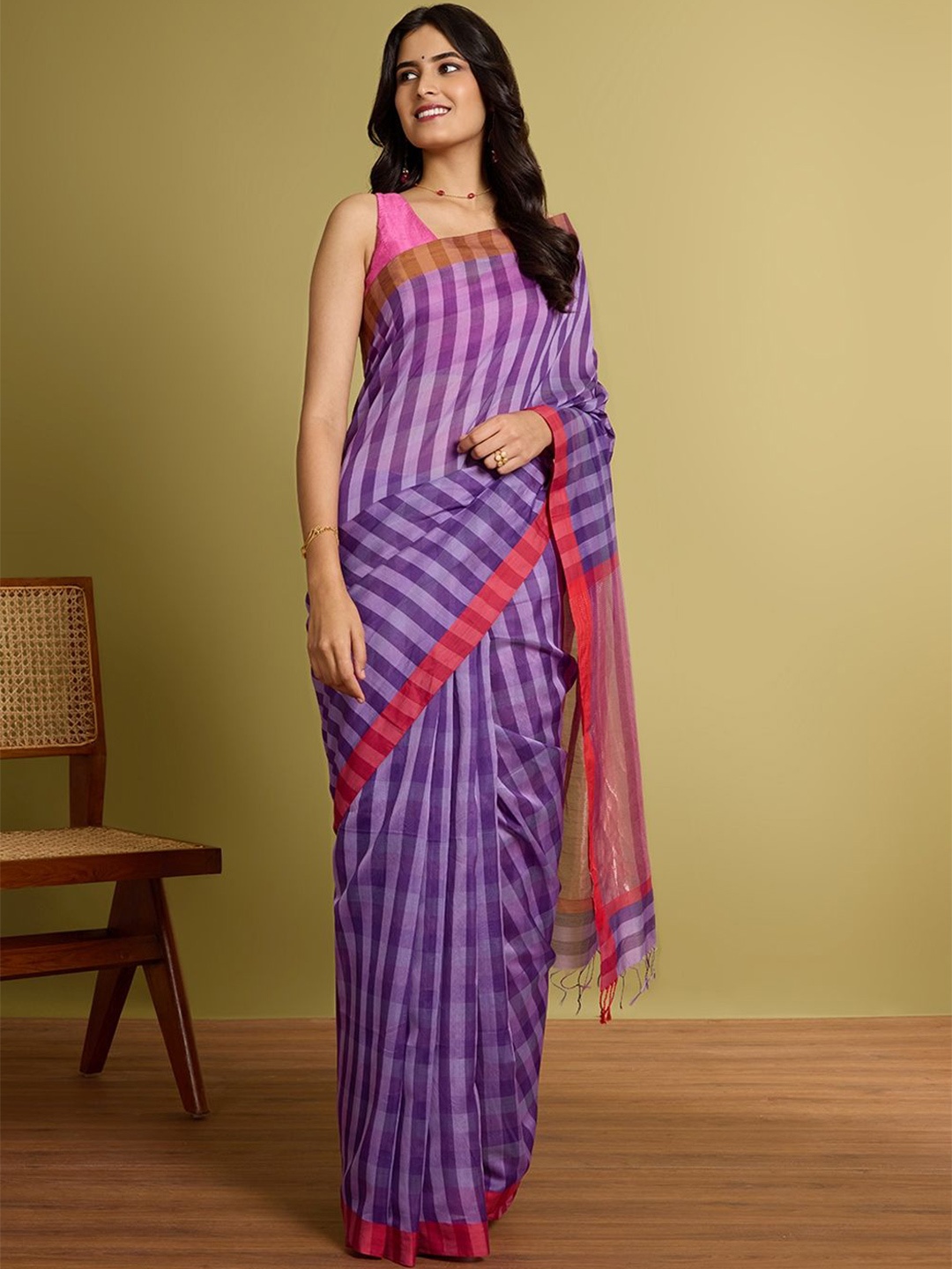 

Taneira Striped Silk Cotton Maheshwari Saree, Purple