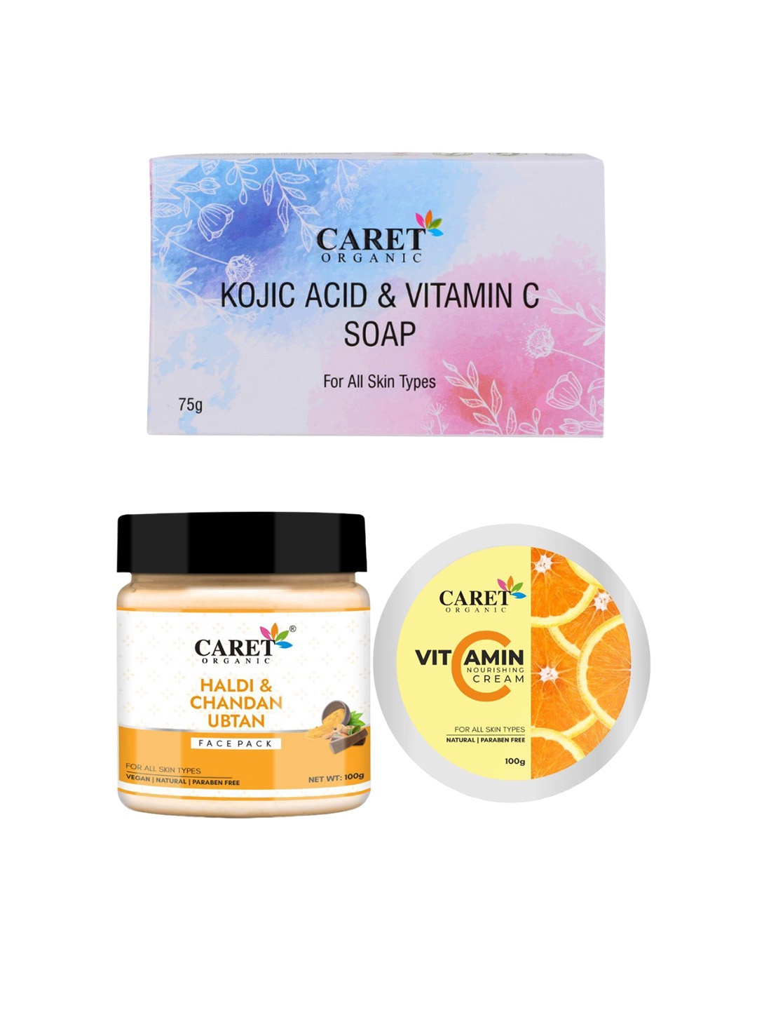 

CARET ORGANIC Set Of 3 Vitamin C Soap With Ubtan Face Pack & Nourishing Cream, White
