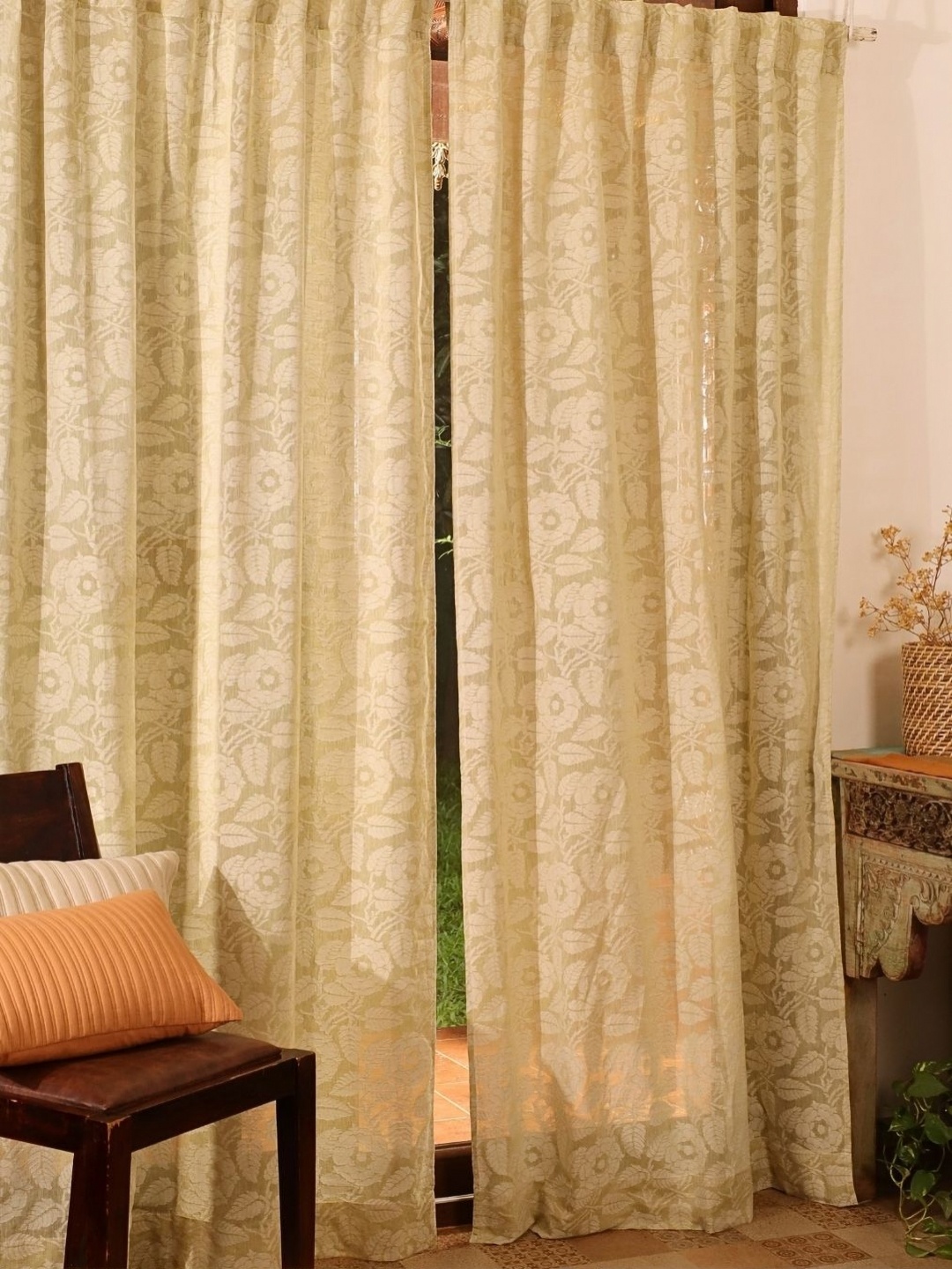 

Peepul Tree Marigold Green 2 Pieces Floral Printed Sheer Door Curtains