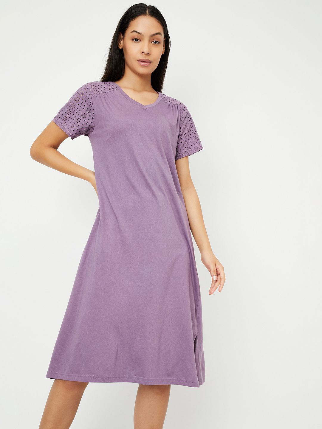 

max Women V-Neck Pure Cotton Nightdress, Purple