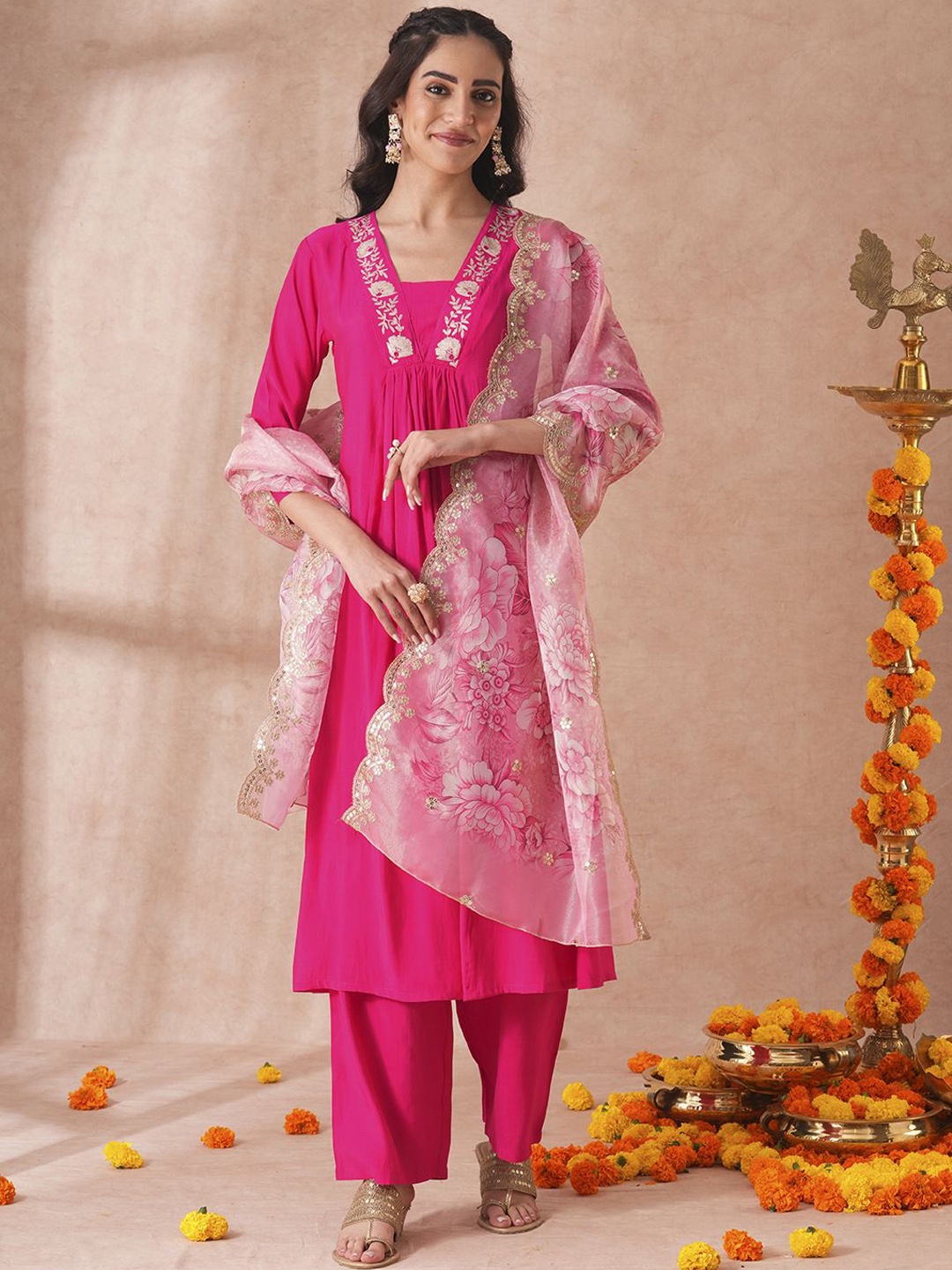 

FASHOR Floral Embroidered A-Line Kurta With Trousers & Dupatta, Pink