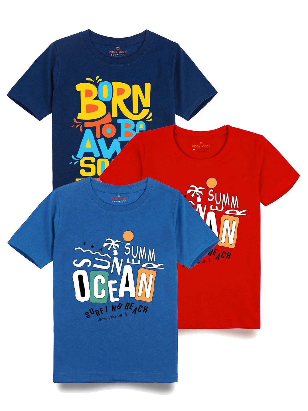 

Kiddy Viddy Boys Pack Of 3 Typography Printed Round Neck Cotton T-shirts, Blue