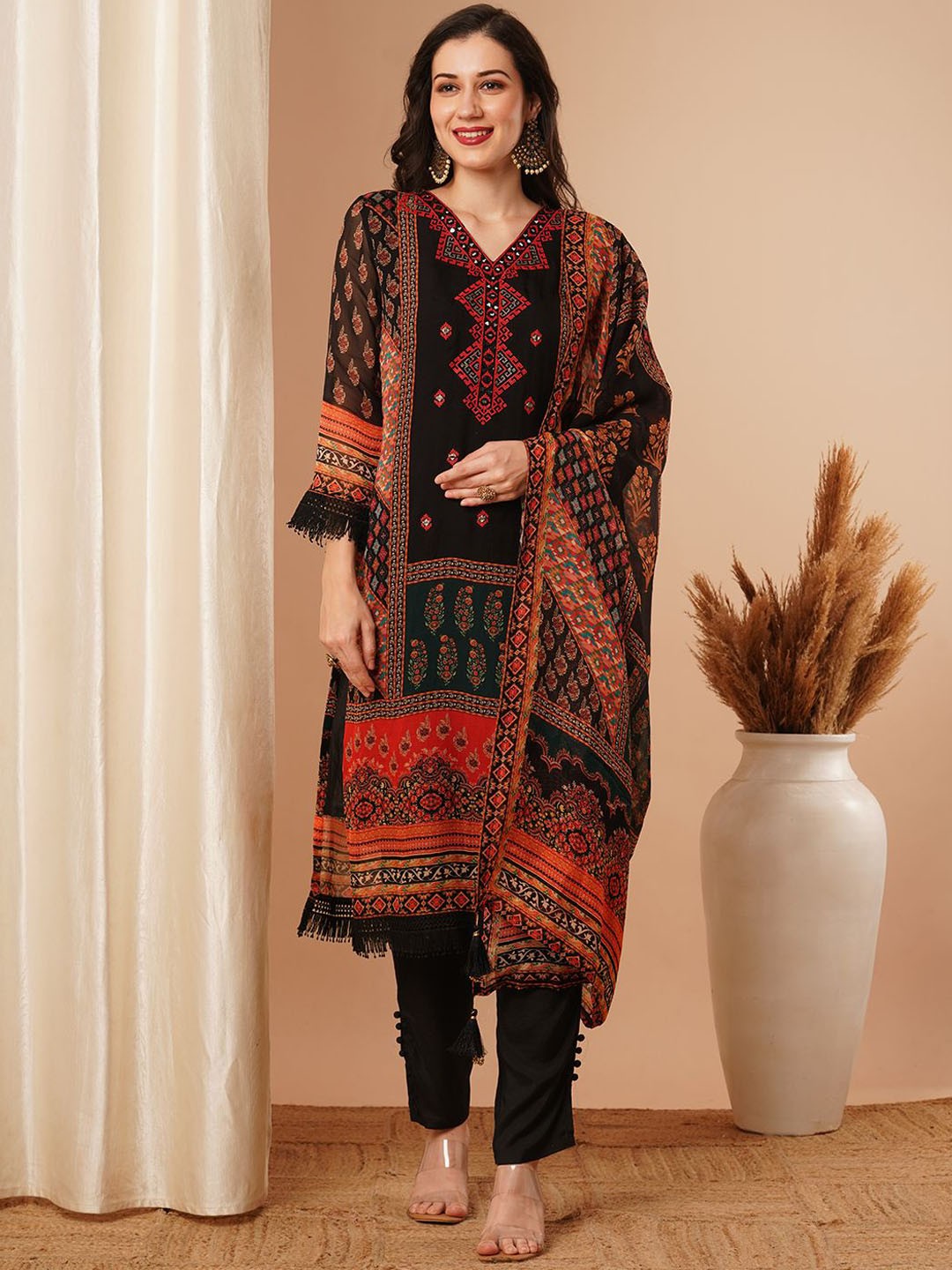 

FASHOR Ethnic Motifs Printed Thread Work Organza Straight Kurta With Trouser & Dupatta, Black