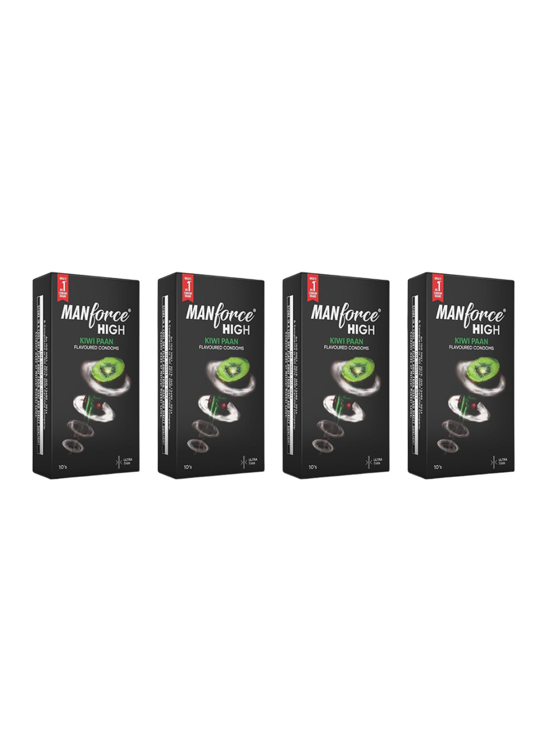 

Manforce Set Of 4 High Kiwi Paan Flavoured Lubricated Condoms - 10 Pcs Each, Black