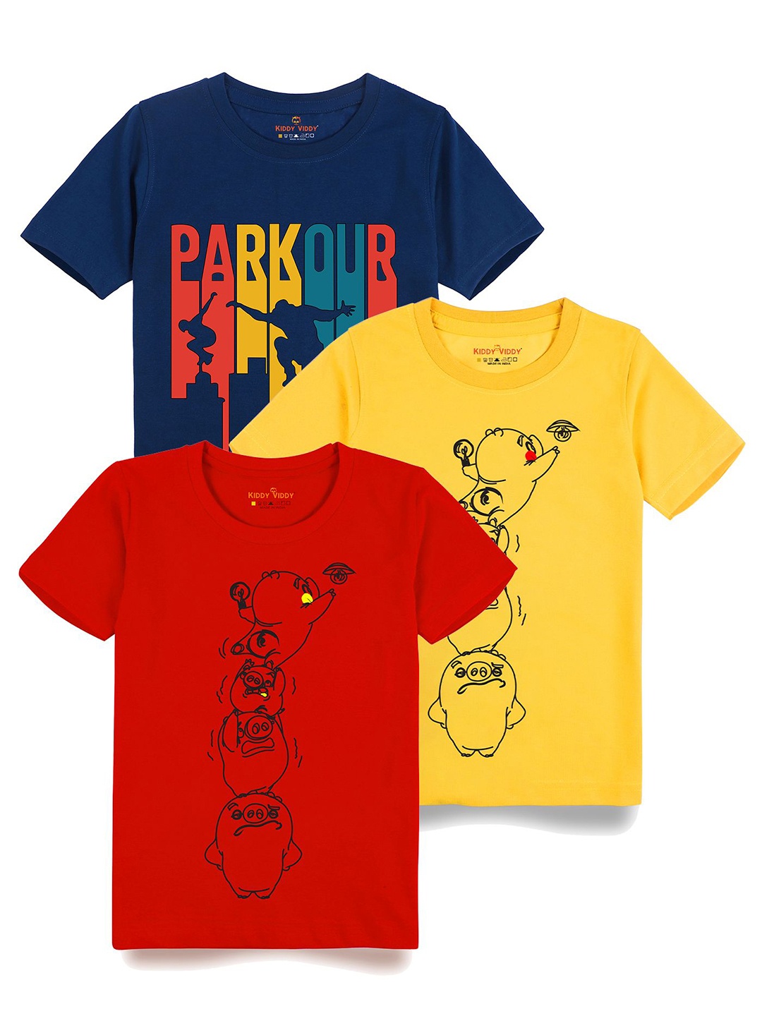 

Kiddy Viddy Boys Pack Of 3 Typography Printed Round Neck Cotton T-shirts, Yellow