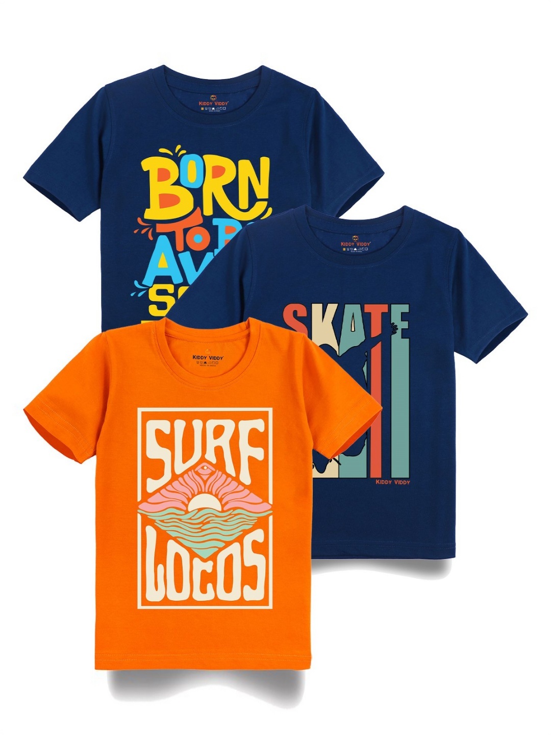 

Kiddy Viddy Boys Pack Of 3 Typography Printed Round Neck Cotton T-shirts, Navy blue