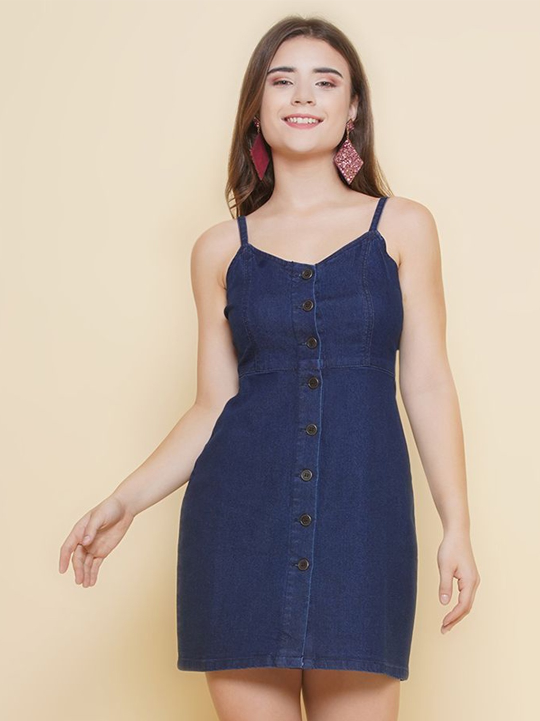 

PUELLA Women Shoulder Straps Denim A-Line Dress, Blue