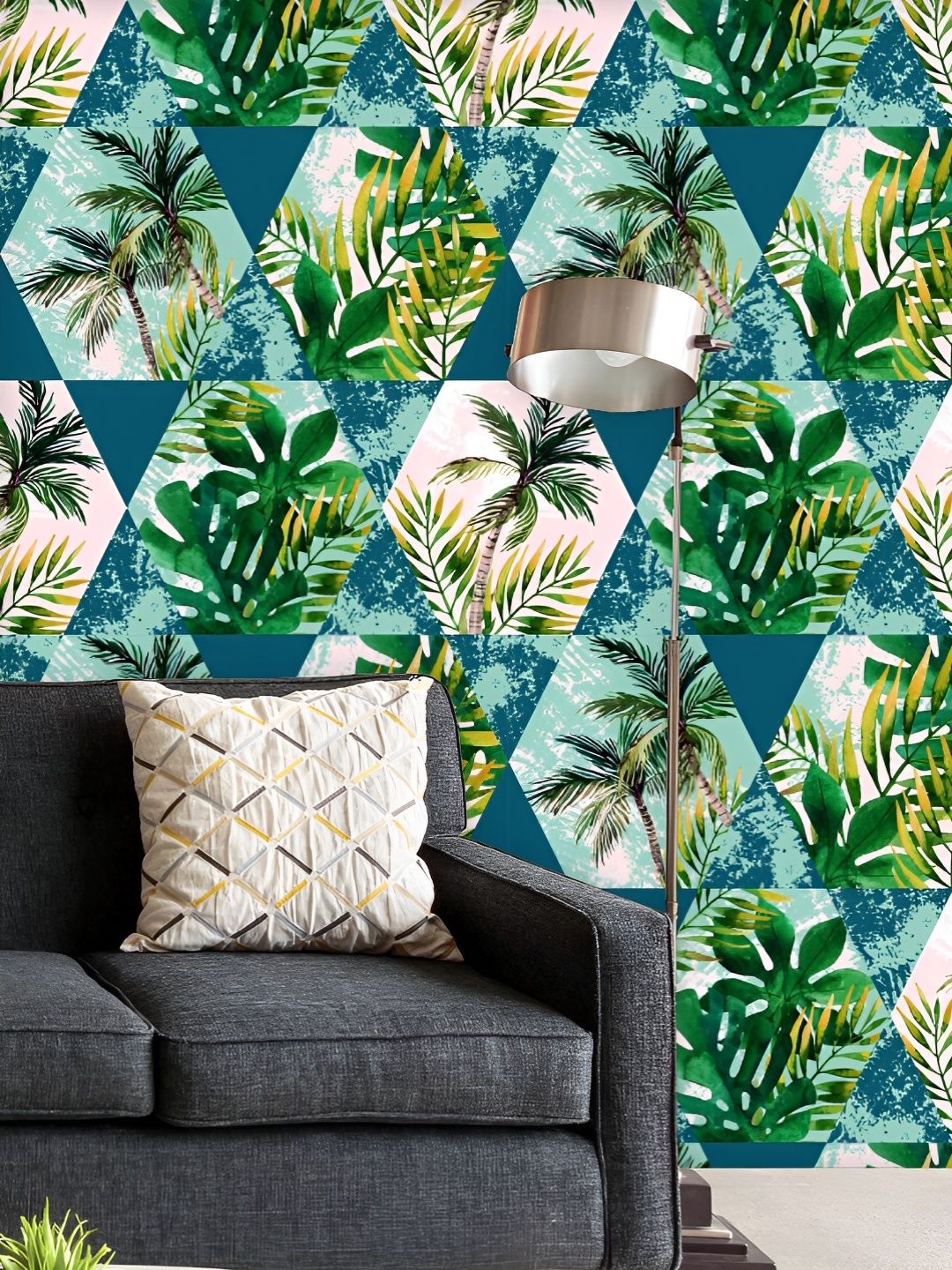 

ArtzFolio Printed UV-Resistant Anti-Bacterial Tropical Leaves And Palm Trees In Geometrical Shapes Peel & Stick Wallpaper, Multi