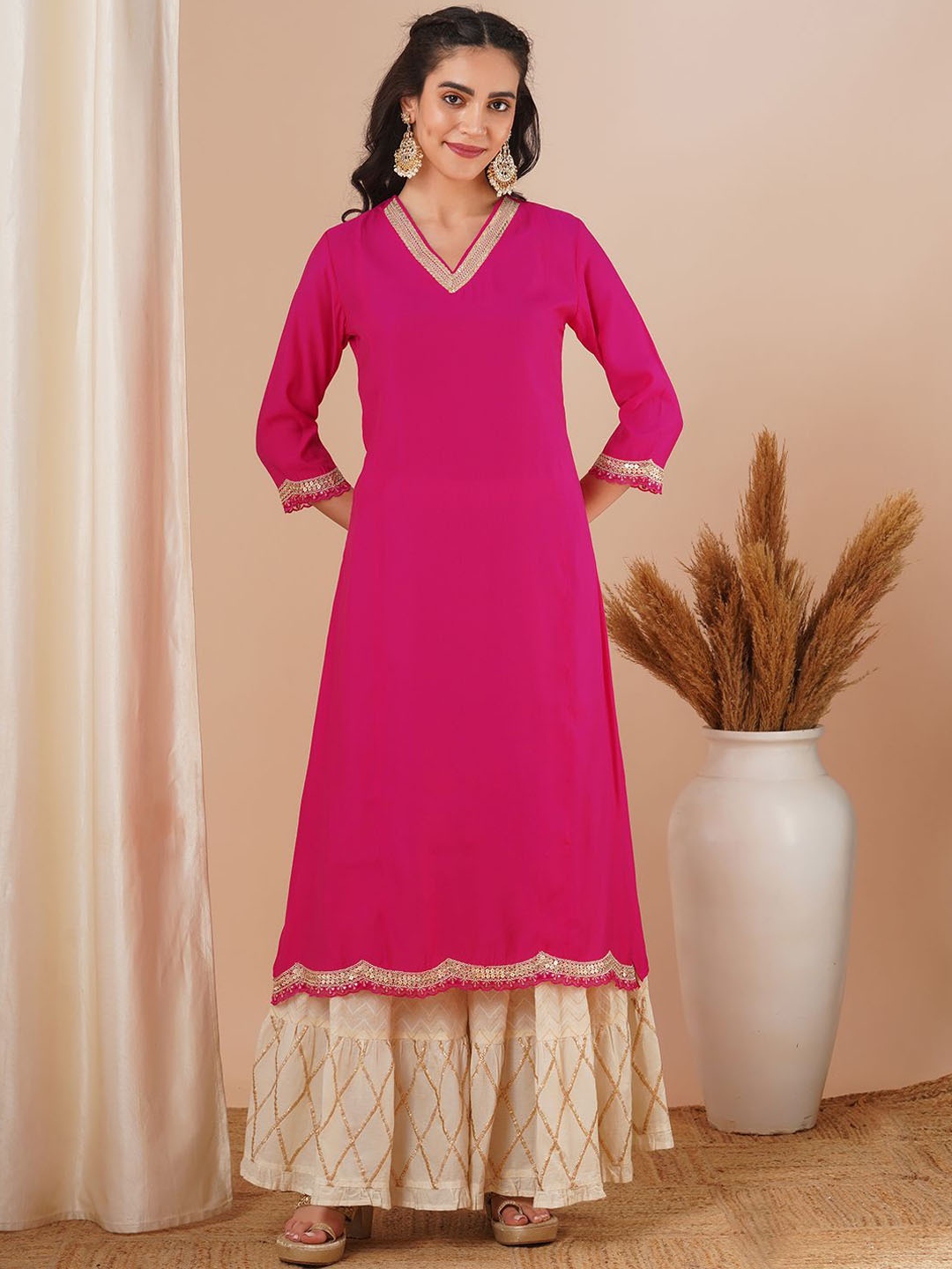 

FASHOR Pink V-Neck Embroidered Sequinned Straight Kurta