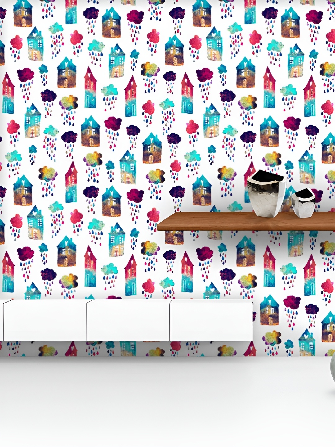 

ArtzFolio Printed UV-Resistant Anti-Bacterial Houses And Clouds With Falling Raindrops Peel & Stick Wallpaper, Multi