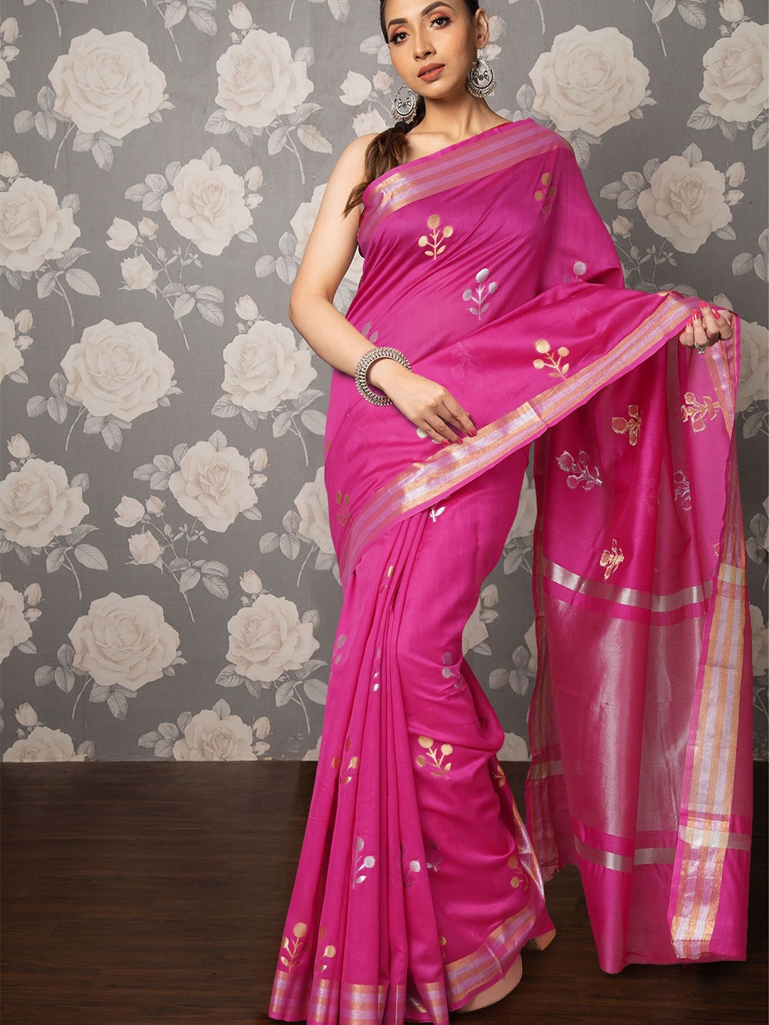 

Unnati Silks Floral Woven Design Zari Handloom Uppada Saree, Pink