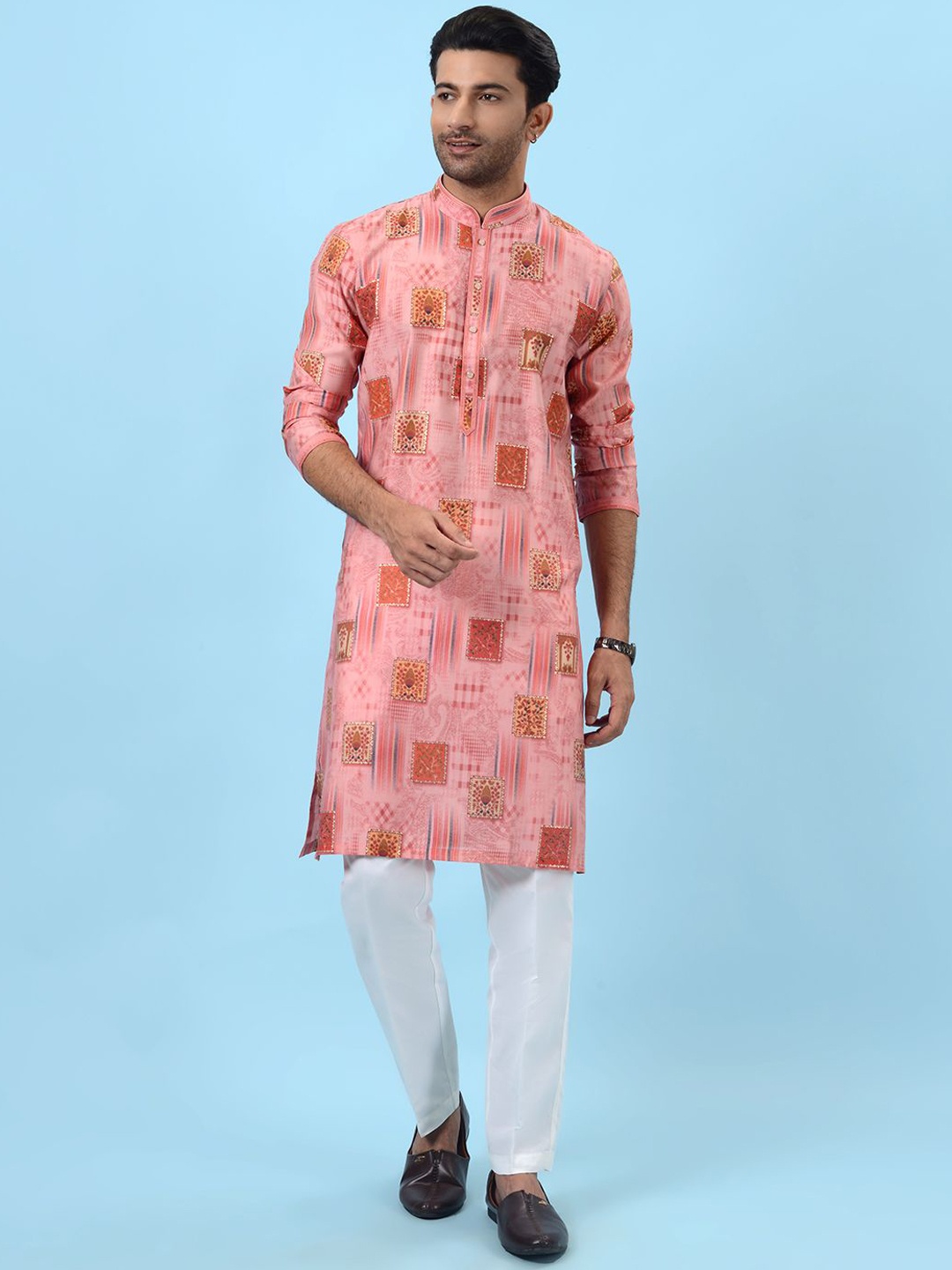 

azania Floral Printed Mandarin Collar Straight Kurta with Pyjamas, Pink