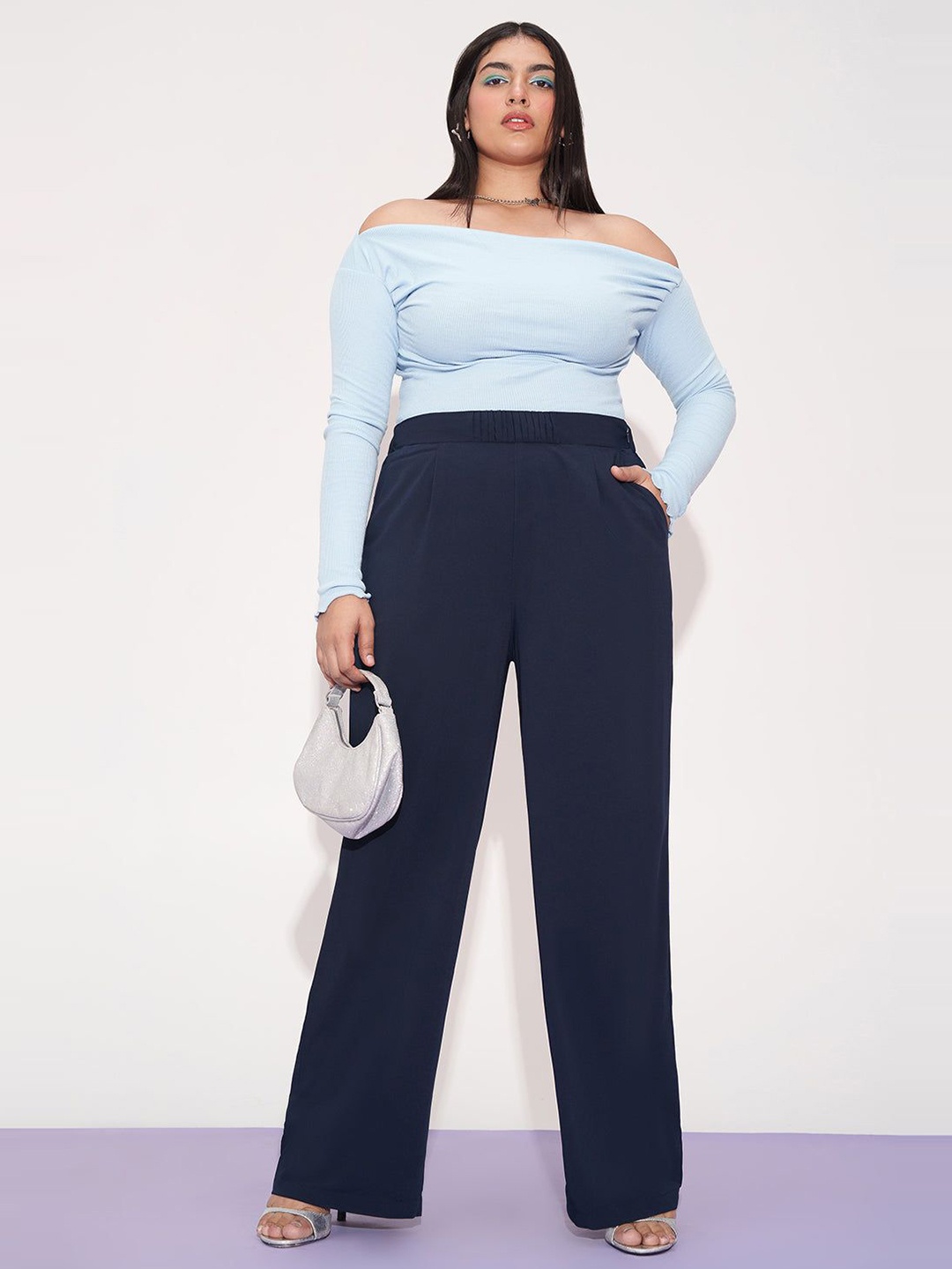 

Freakins Women Plus Size Relaxed Straight Leg Loose Fit High-Rise Pleated Korean Pants, Navy blue